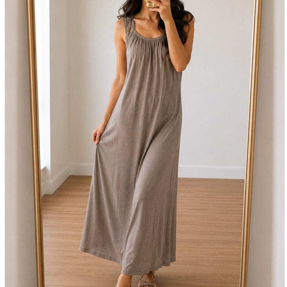 Mustard Seed🌿Taupe Maxi Dress Womens Medium Boho Crochet Strap Sleeveless Rayon